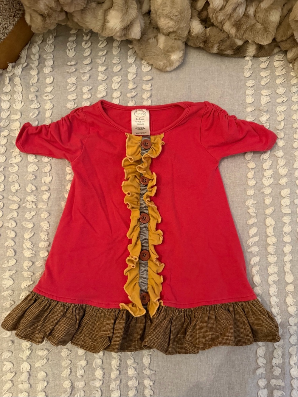 Persnickety Red Short Sleeve Tunic with Mustard Ruffle and Brown Hem
